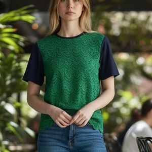 J. Crew top blue green lace front short sleeve